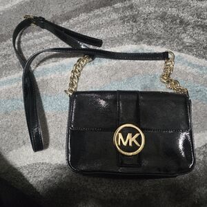 Michael Kors Black Patent Crossbody Bag with Gold Chain